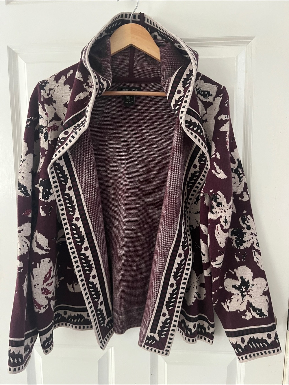 Rachel Zoe Open Cardigan With Hoodie floral EUC XL deep burgundy, maroon, wine